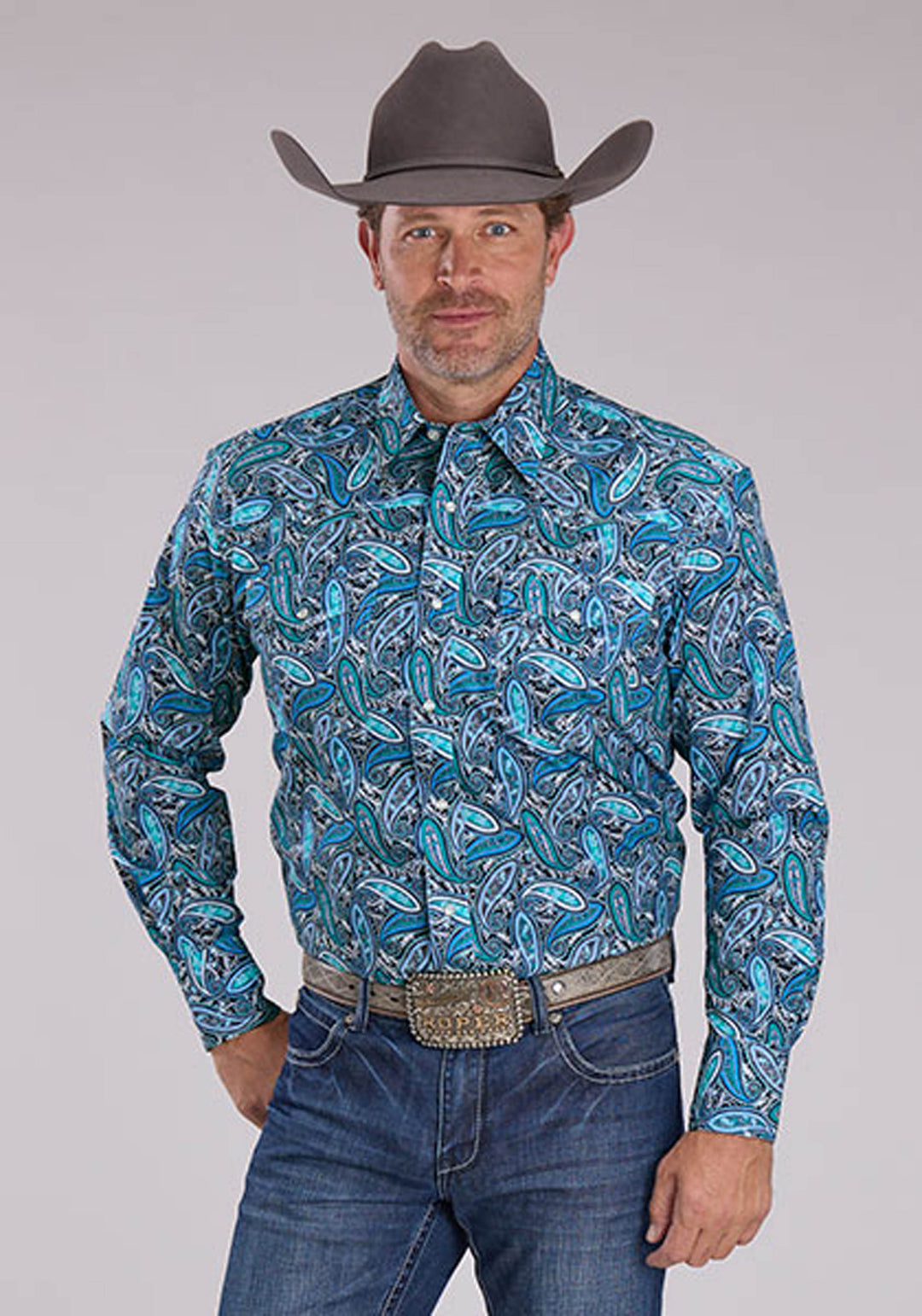 MENS BLUE SKY PAISLEY LONG SLEEVE SNAP WESTERN SHIRT