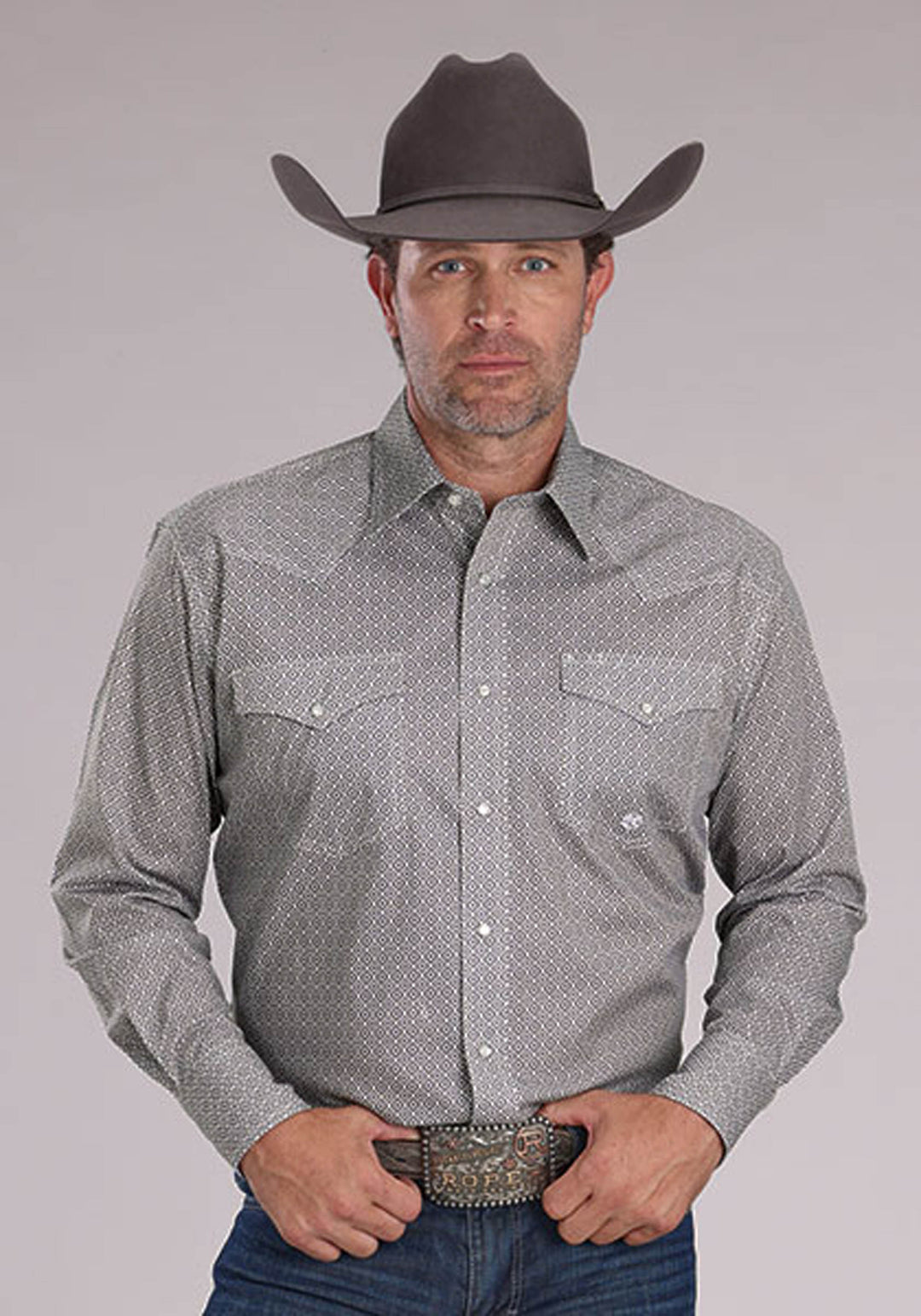 MENS STRETCH FOULARD PRINT - GRAY LONG SLEEVE SNAP WESTERN SHIRT
