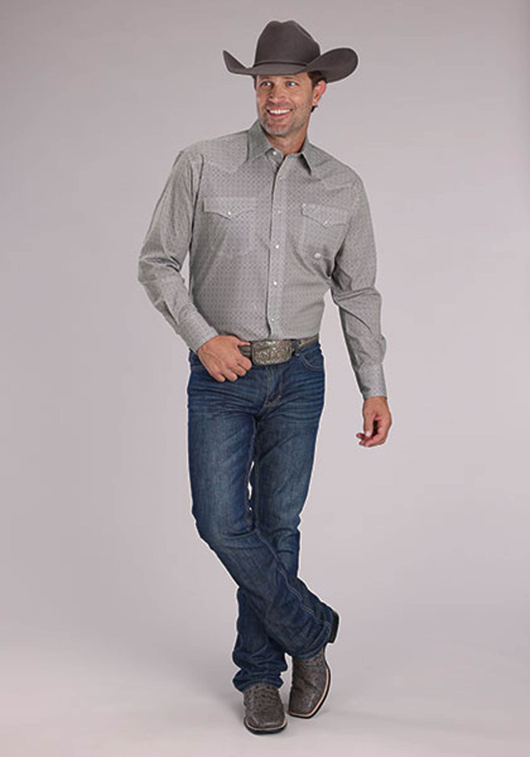 MENS STRETCH FOULARD PRINT - GRAY LONG SLEEVE SNAP WESTERN SHIRT