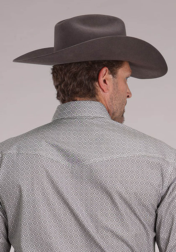MENS STRETCH FOULARD PRINT - GRAY LONG SLEEVE SNAP WESTERN SHIRT