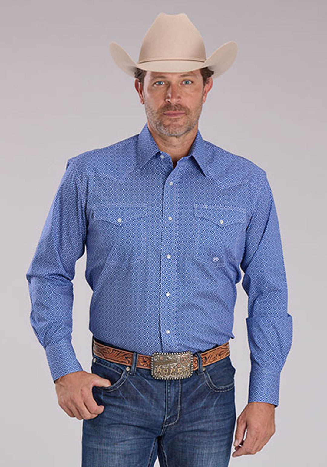 MENS STRETCH FOULARD PRINT - BLUE LONG SLEEVE SNAP WESTERN SHIRT