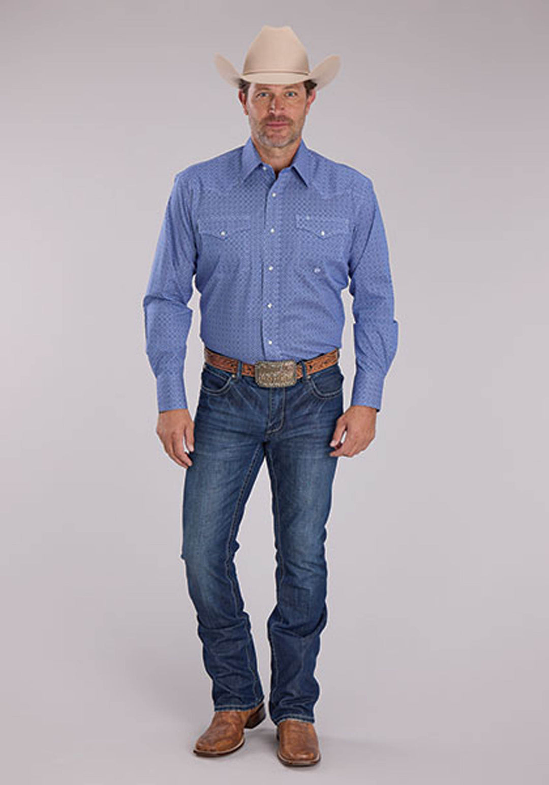 MENS STRETCH FOULARD PRINT - BLUE LONG SLEEVE SNAP WESTERN SHIRT