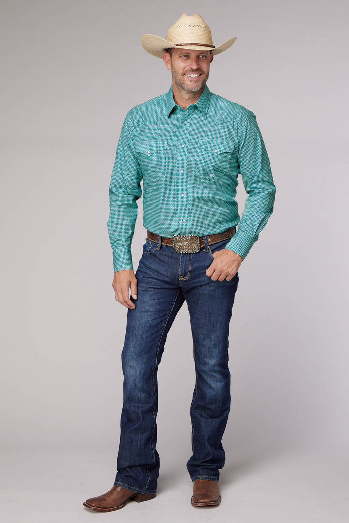 MENS LONG SLEEVE SNAP STRETCH NEAT TEAL WESTERN SHIRT