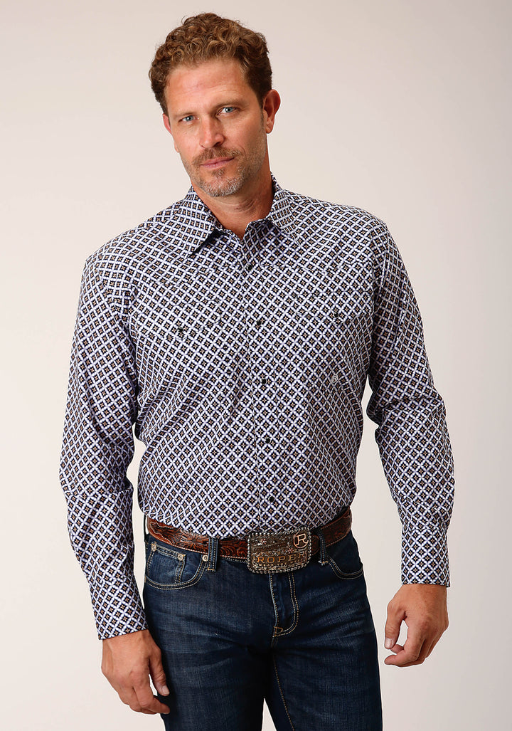 MENS LONG SLEEVE SNAP TILE PATTERN FOULARD WESTERN SHIRT