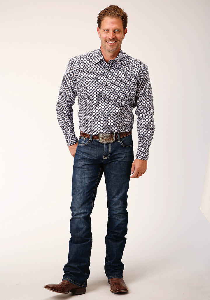 MENS LONG SLEEVE SNAP TILE PATTERN FOULARD WESTERN SHIRT