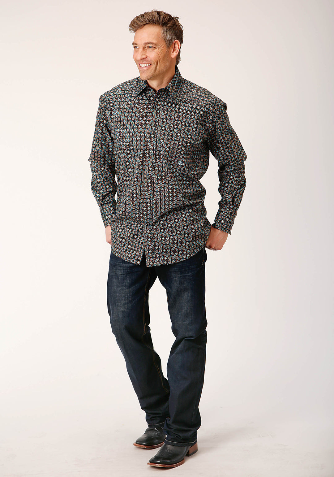 MENS LONG SLEEVE SNAP WILD WEST FOULARD WESTERN SHIRT