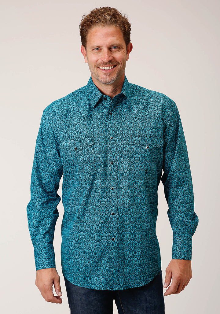 MENS LONG SLEEVE SNAP VINTAGE TEAL PRINT WESTERN SHIRT