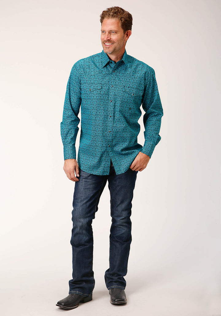 MENS LONG SLEEVE SNAP VINTAGE TEAL PRINT WESTERN SHIRT