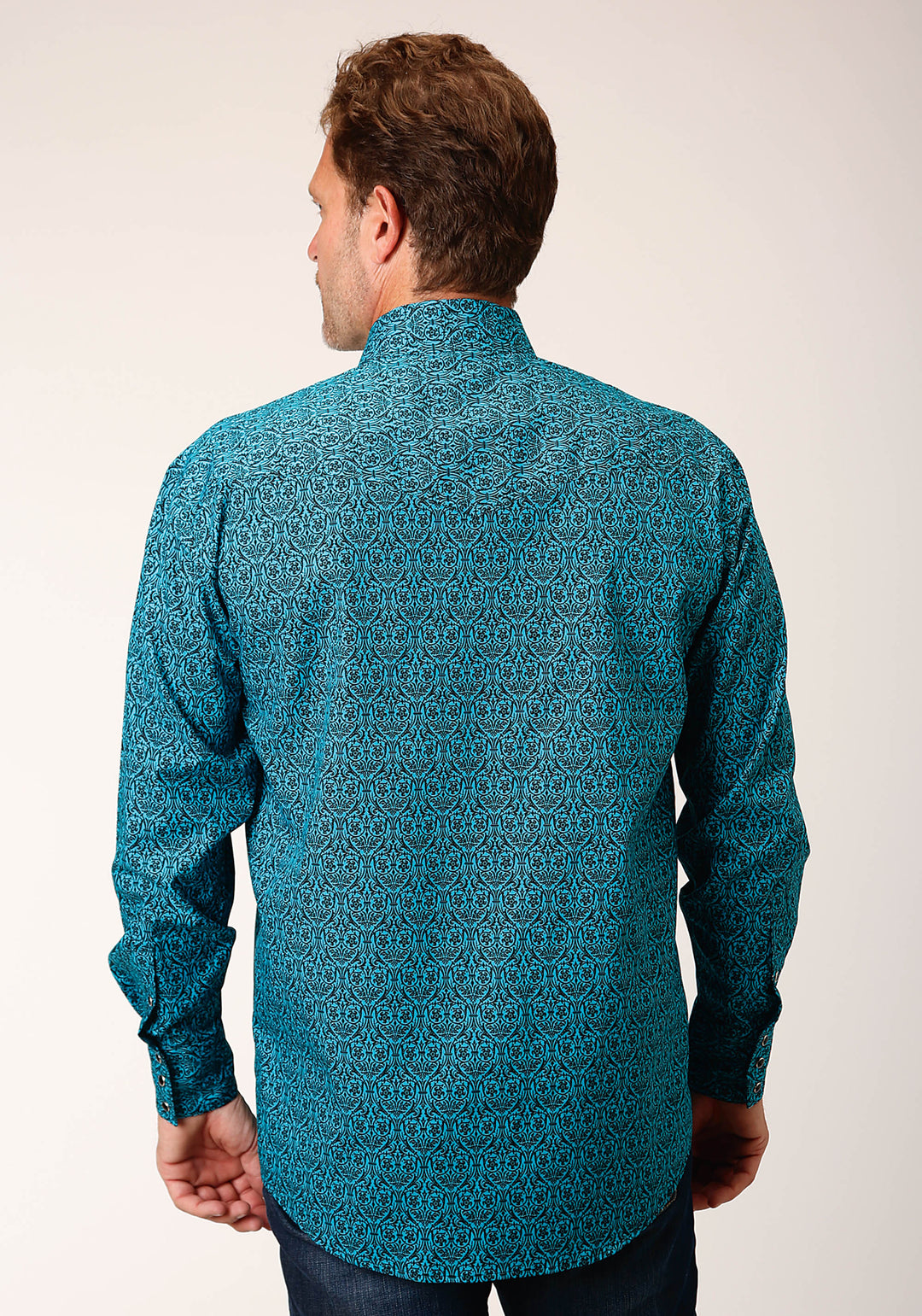MENS LONG SLEEVE SNAP VINTAGE TEAL PRINT WESTERN SHIRT
