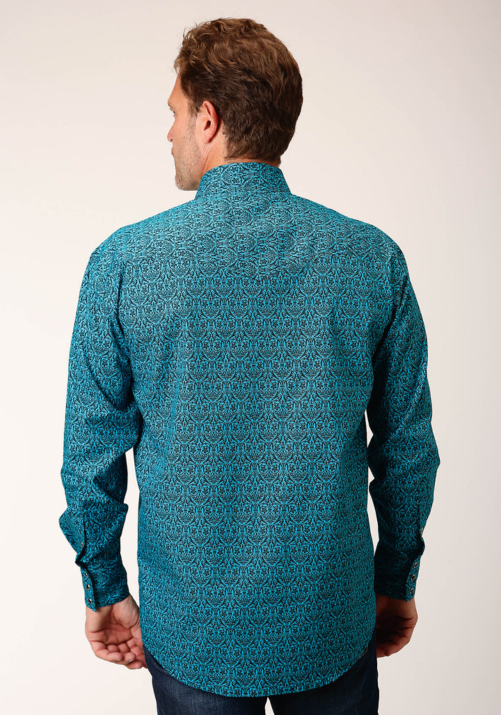 MENS LONG SLEEVE SNAP VINTAGE TEAL PRINT WESTERN SHIRT