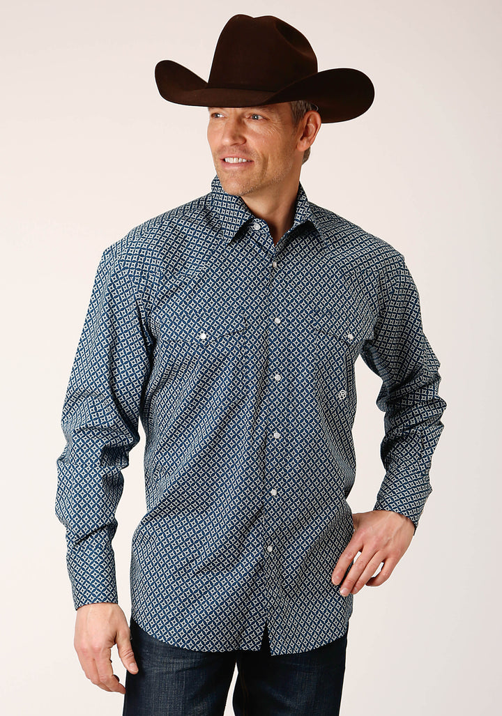MENS LONG SLEEVE SNAP DIAMOND PRINT  NAVY WESTERN SHIRT