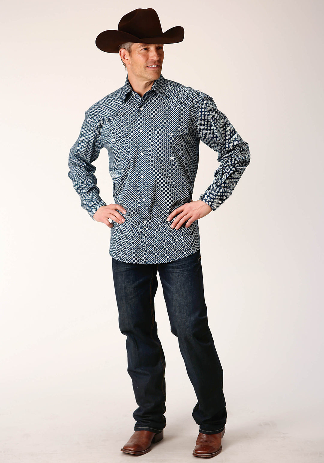 MENS LONG SLEEVE SNAP DIAMOND PRINT  NAVY WESTERN SHIRT