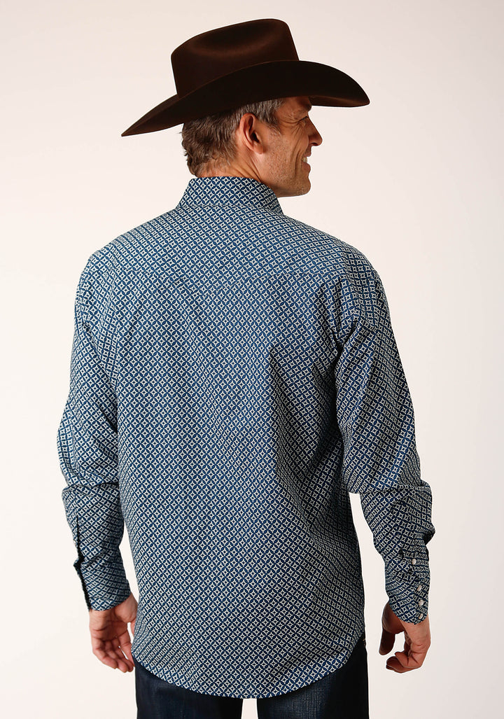 MENS LONG SLEEVE SNAP DIAMOND PRINT  NAVY WESTERN SHIRT