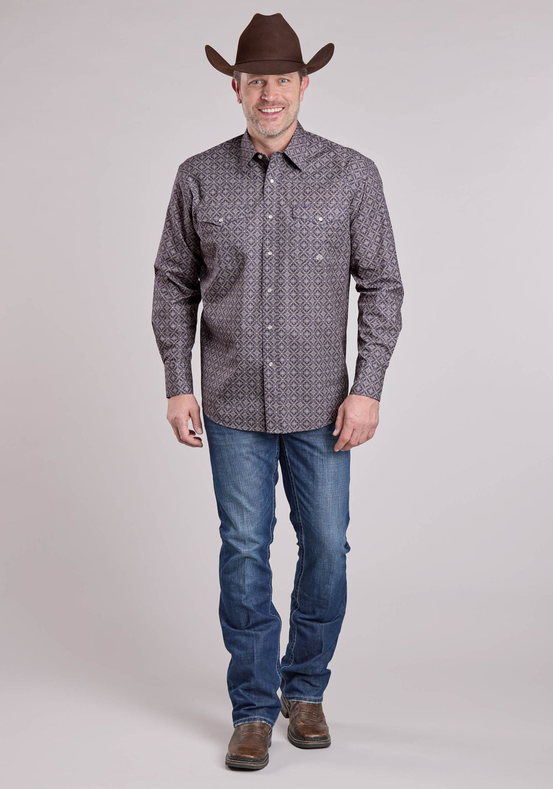 MENS LONG SLEEVE SNAP PLUM FOULARD WESTERN SHIRT