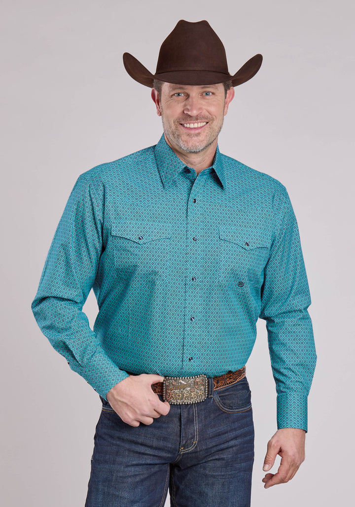 MENS LONG SLEEVE SNAP AZTEC DIAMOND GEO WESTERN SHIRT