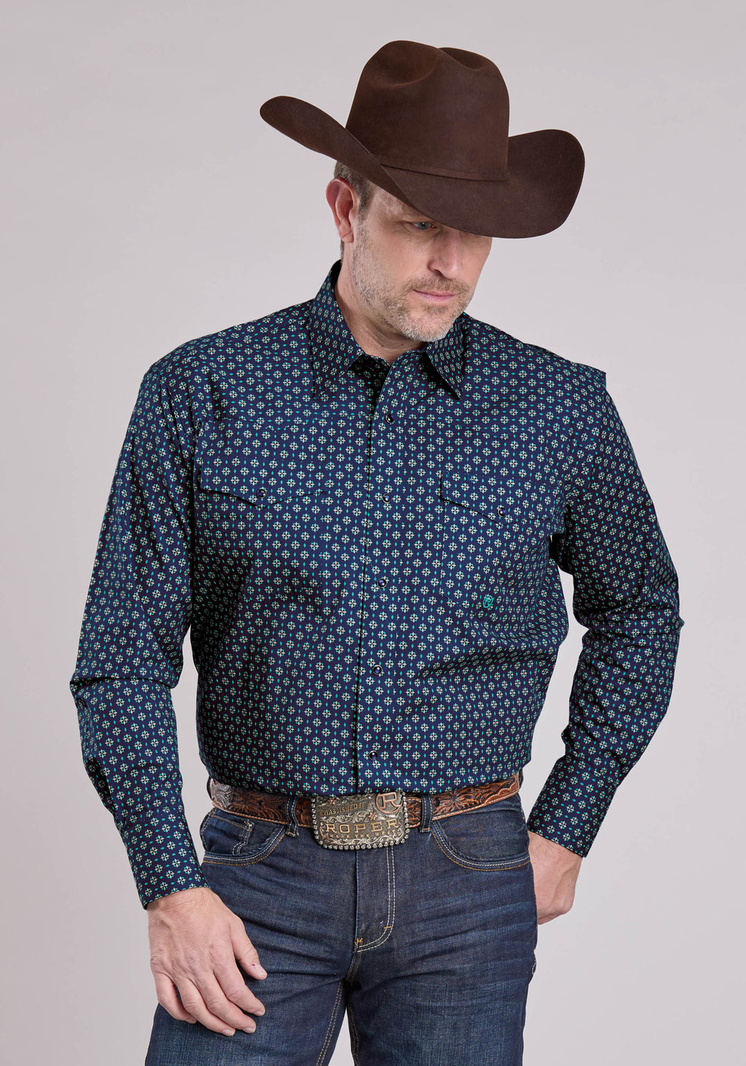 MENS LONG SLEEVE SNAP PINWHEEL FOULARD WESTERN SHIRT
