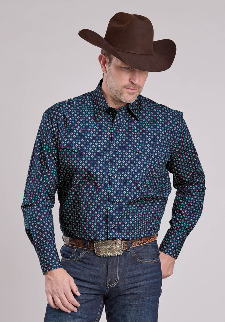 MENS LONG SLEEVE SNAP PINWHEEL FOULARD WESTERN SHIRT