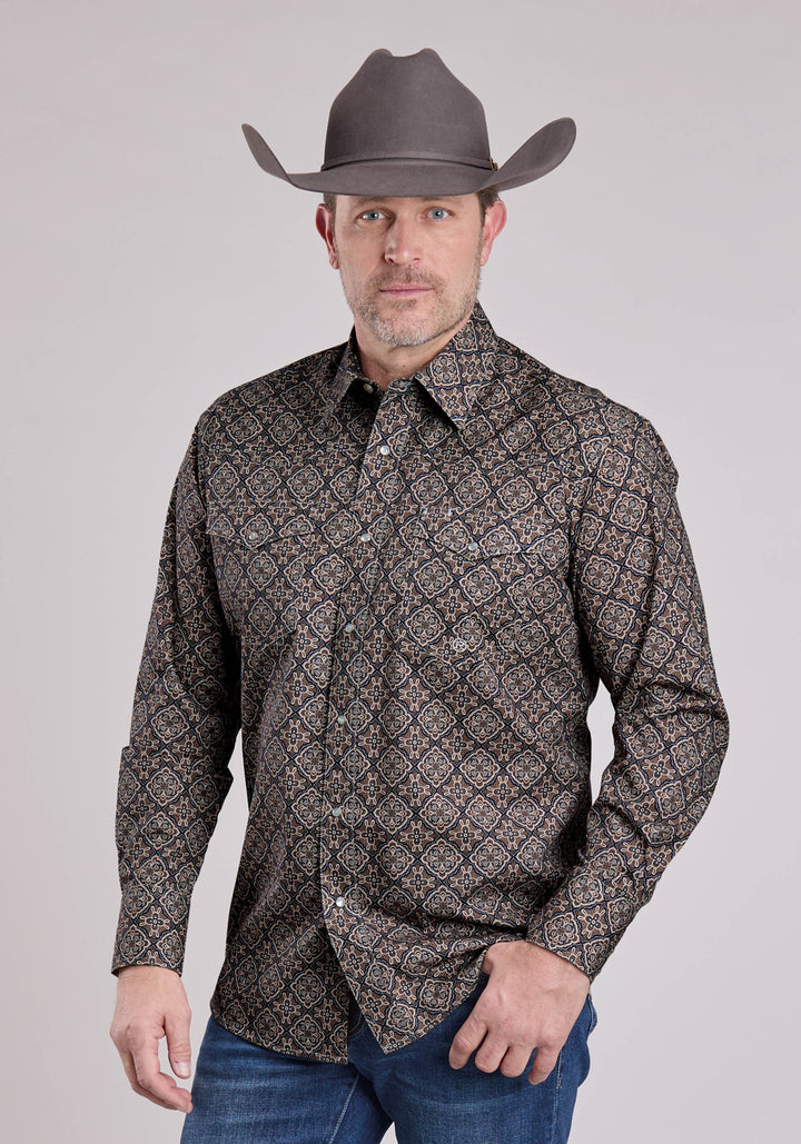 MENS LONG SLEEVE SNAP BRONZE MEDALLION WESTERN SHIRT