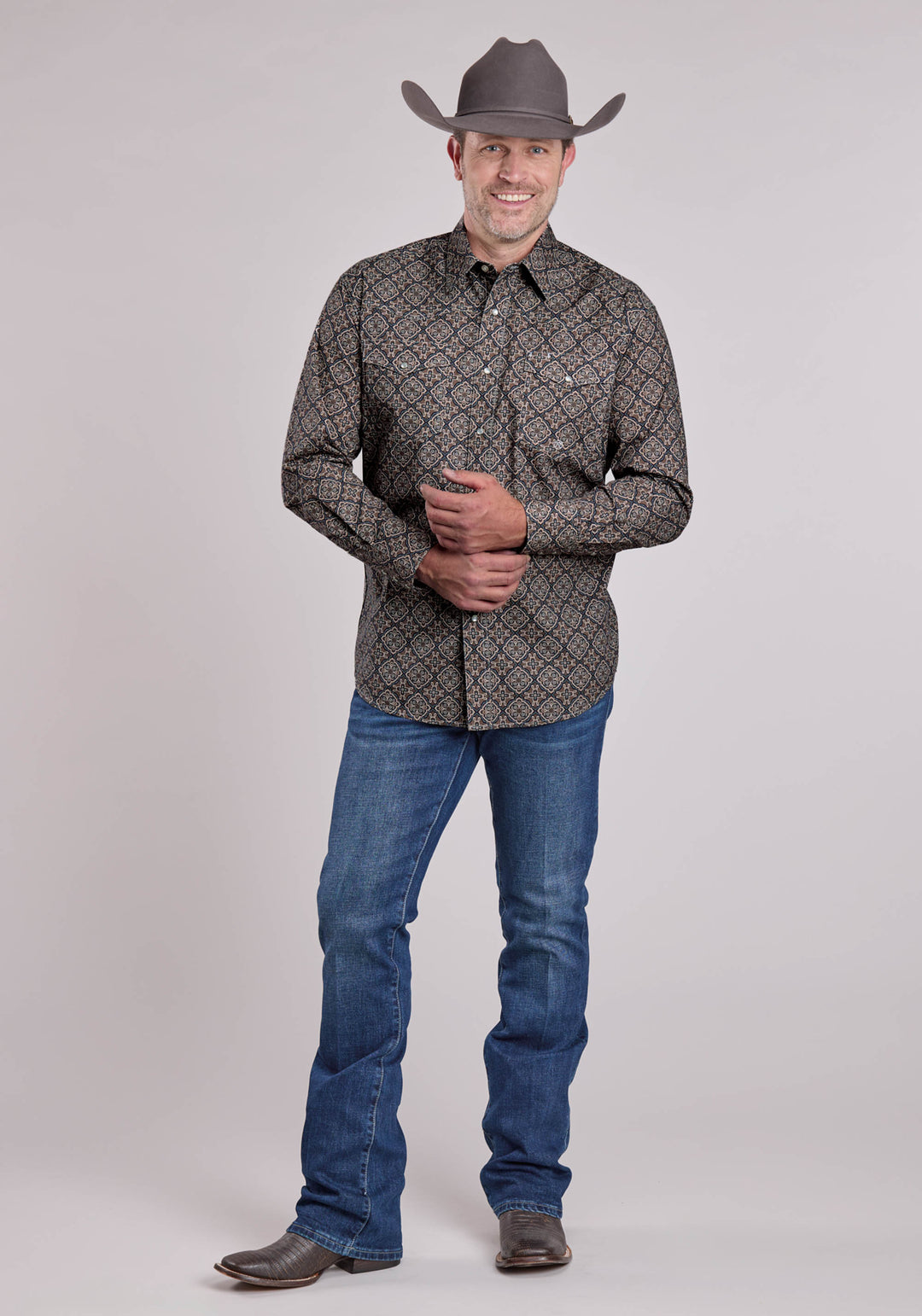 MENS LONG SLEEVE SNAP BRONZE MEDALLION WESTERN SHIRT