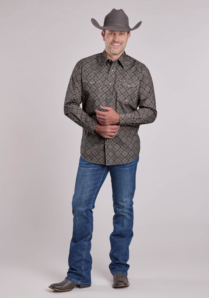 MENS LONG SLEEVE SNAP BRONZE MEDALLION WESTERN SHIRT