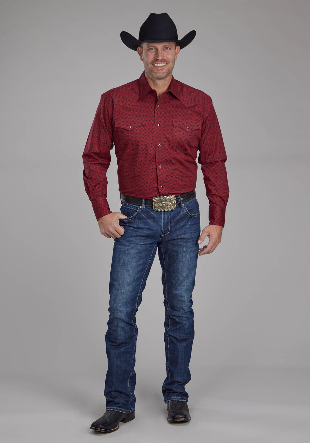 MENS DIAMOND PRINT STRETCH POPLIN - RED LONG SLEEVE SNAP WESTERN SHIRT