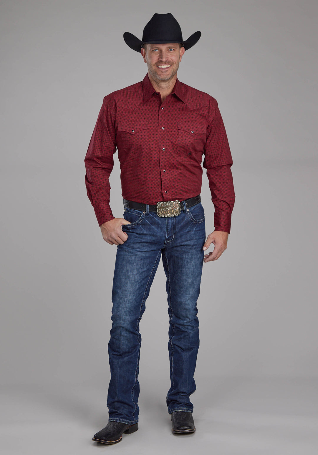 MENS DIAMOND PRINT STRETCH POPLIN - RED LONG SLEEVE SNAP WESTERN SHIRT