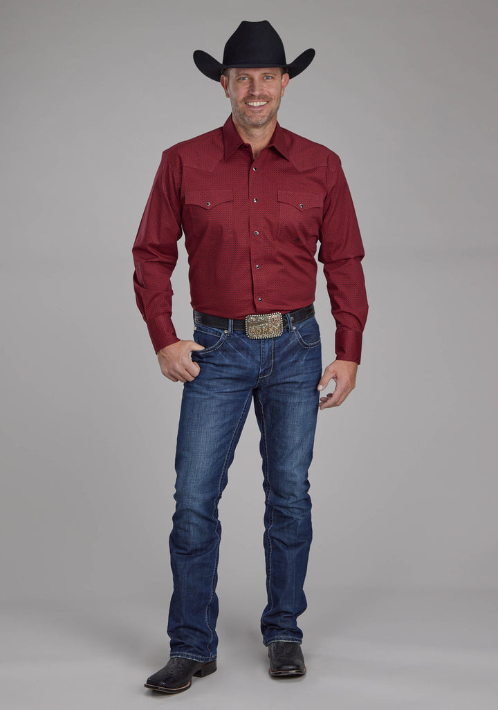 MENS DIAMOND PRINT STRETCH POPLIN - RED LONG SLEEVE SNAP WESTERN SHIRT