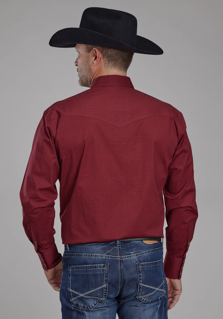 MENS DIAMOND PRINT STRETCH POPLIN - RED LONG SLEEVE SNAP WESTERN SHIRT