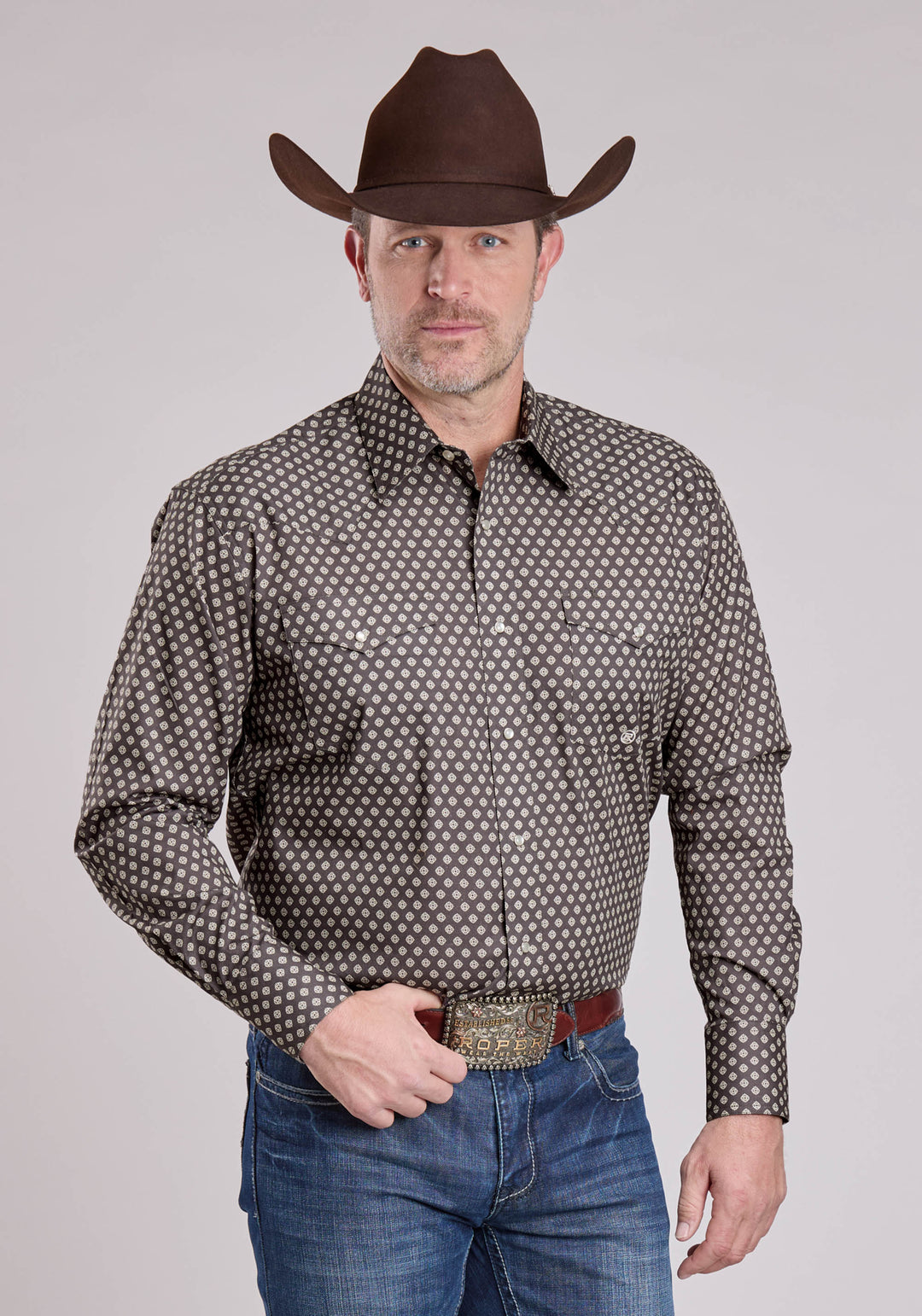 MENS LONG SLEEVE SNAP GREY STRETCH FOULARD WESTERN SHIRT