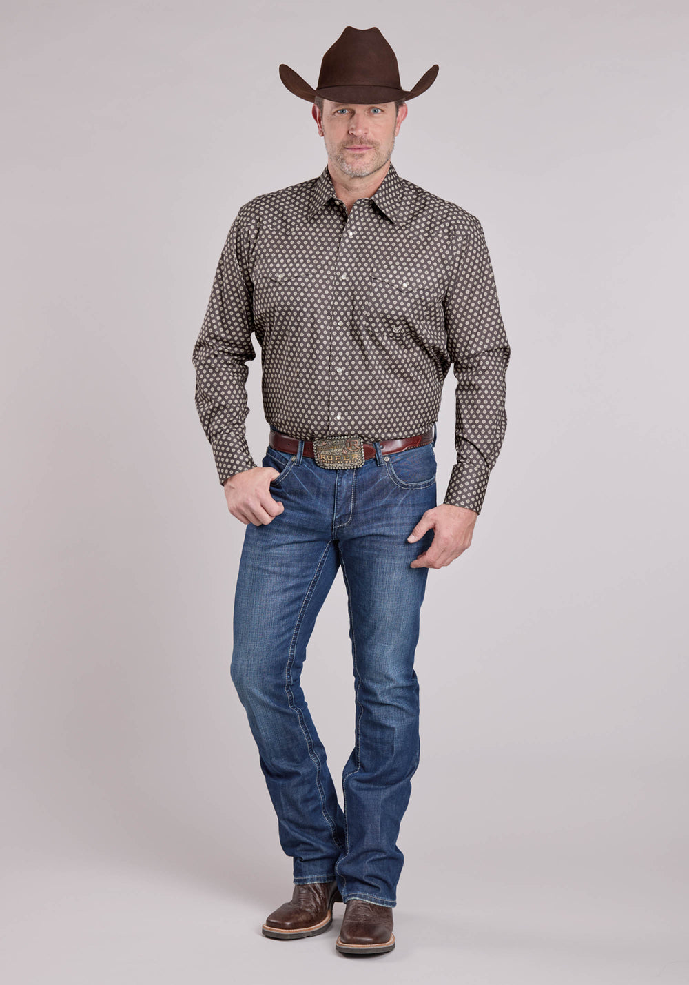 MENS LONG SLEEVE SNAP GREY STRETCH FOULARD WESTERN SHIRT