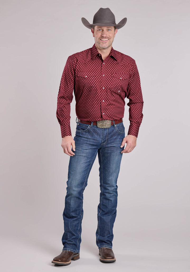 MENS LONG SLEEVE SNAP RED STRETCH FOULARD WESTERN SHIRT
