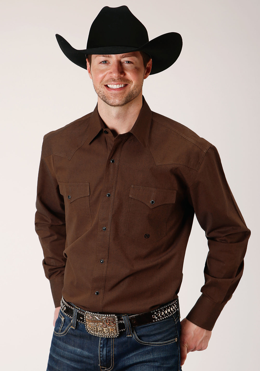 MENS LONG SLEEVE SNAP BLACK FILL  BROWN WESTERN SHIRT