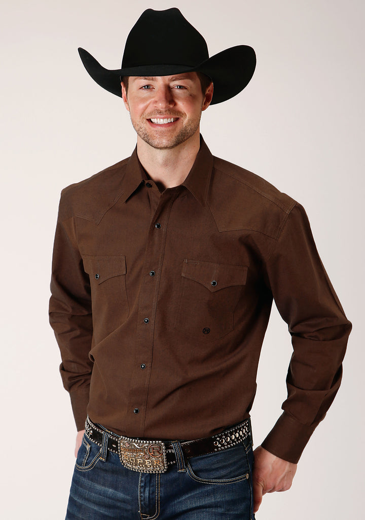 MENS LONG SLEEVE SNAP BLACK FILL  BROWN WESTERN SHIRT