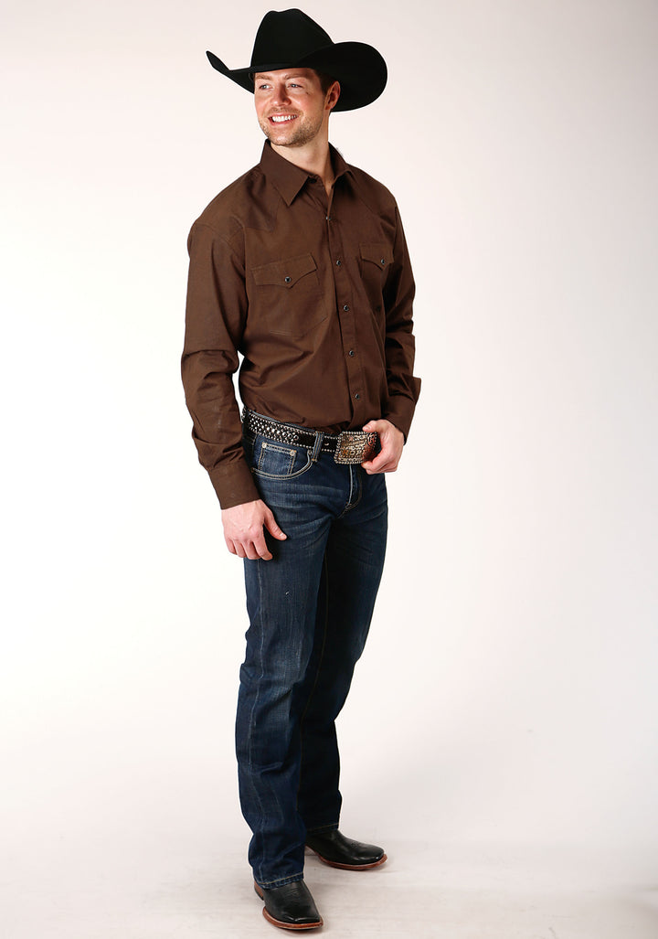 MENS LONG SLEEVE SNAP BLACK FILL  BROWN WESTERN SHIRT