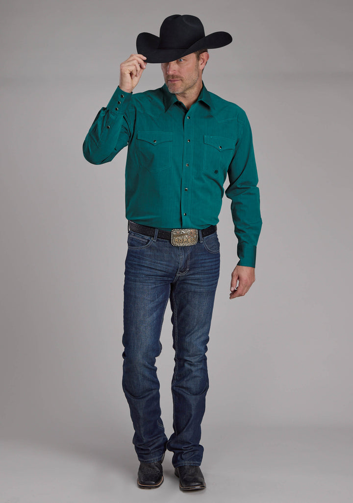 MENS BLACK FILL SOLID POPLIN - TEAL LONG SLEEVE SNAP WESTERN SHIRT