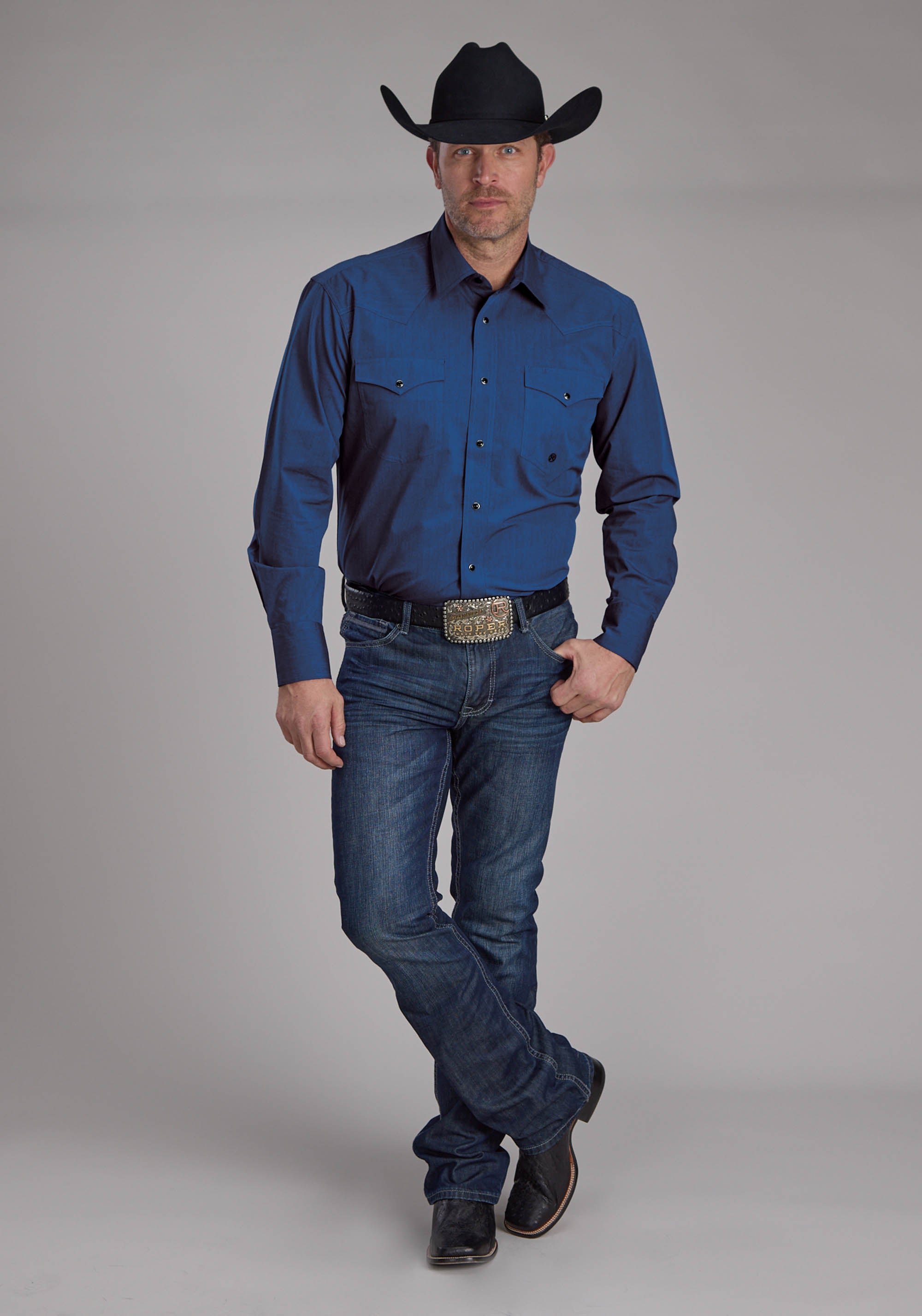 Mens Black Fill Poplin - Blue Long Sleeve Snap Western Shirt