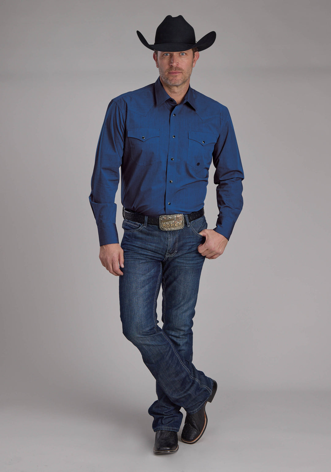 MENS BLACK FILL POPLIN - BLUE LONG SLEEVE SNAP WESTERN SHIRT