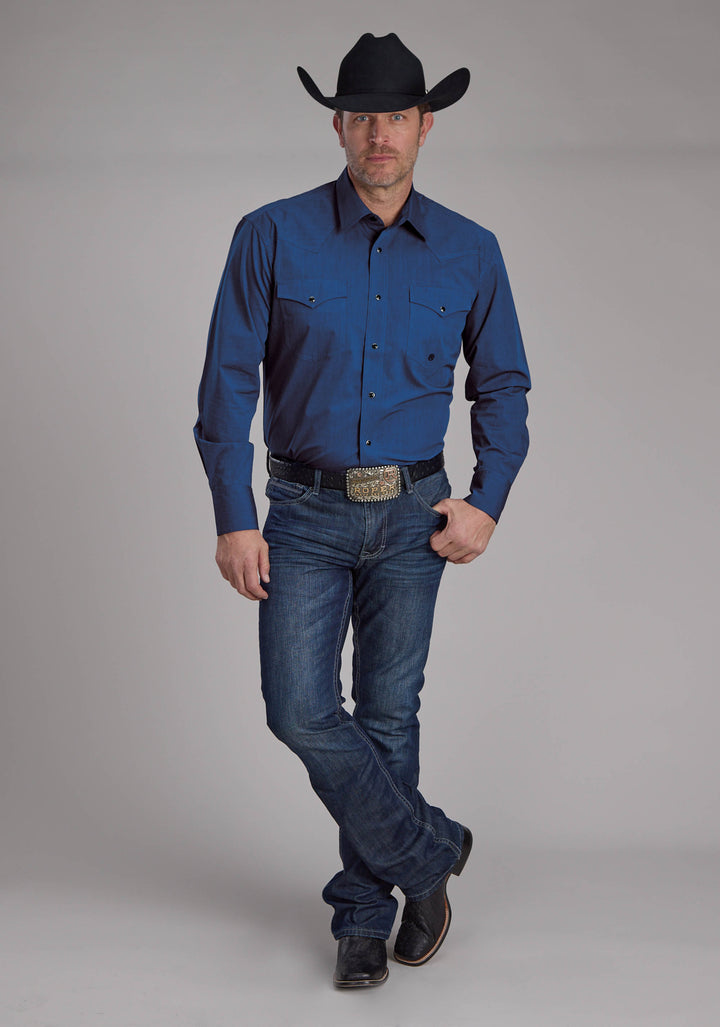 MENS BLACK FILL POPLIN - BLUE LONG SLEEVE SNAP WESTERN SHIRT