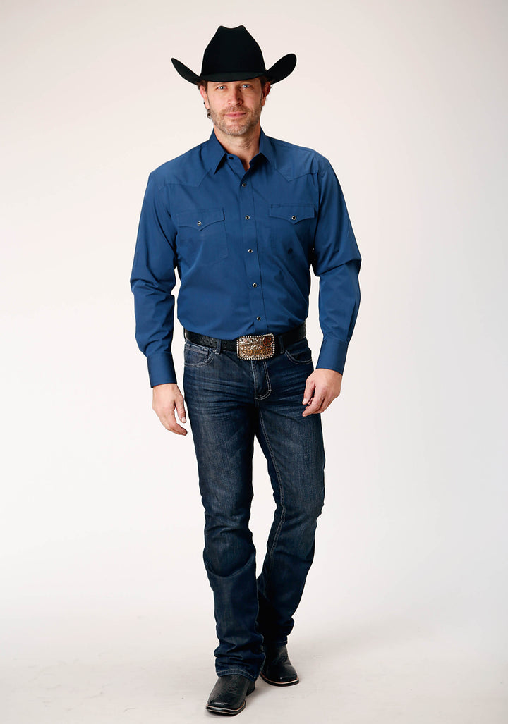 MENS LONG SLEEVE SNAP BLACK FILL SOLID BLUE WESTERN SHIRT