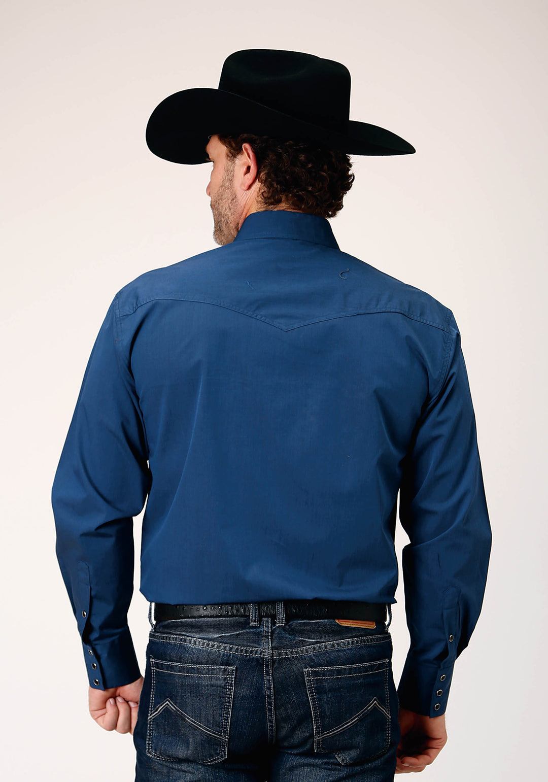 MENS LONG SLEEVE SNAP BLACK FILL SOLID BLUE WESTERN SHIRT