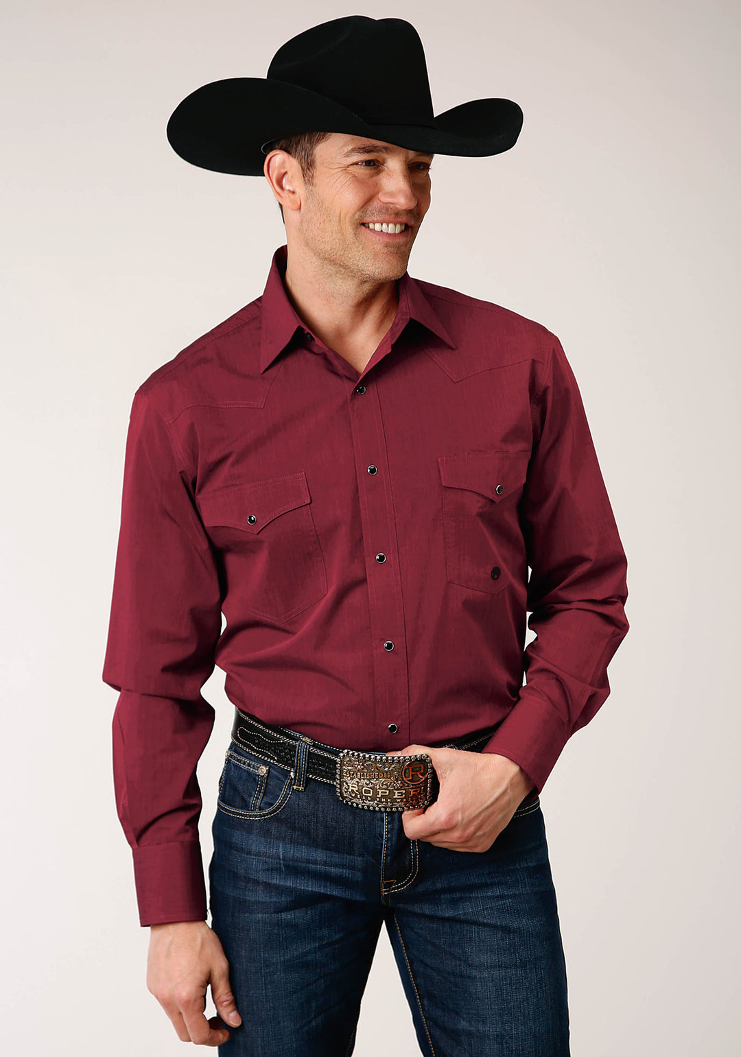 MENS LONG SLEEVE SNAP BLACK FILL  SOLID RED WESTERN SHIRT