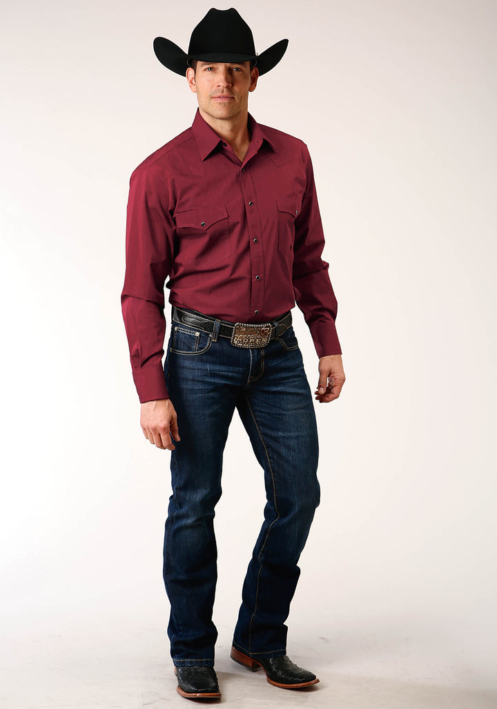 MENS LONG SLEEVE SNAP BLACK FILL  SOLID RED WESTERN SHIRT
