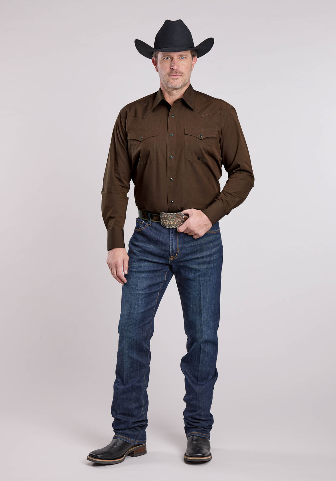 MENS LONG SLEEVE SNAP SOLID POPLIN - BLACK FILL BROWN WESTERN SHIRT