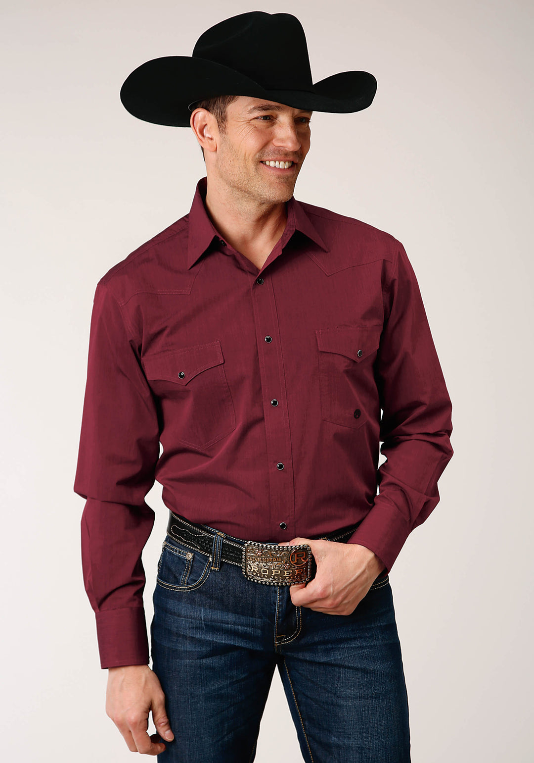 MENS LONG SLEEVE SNAP BLACK FILL SOLID  WINE WESTERN SHIRT