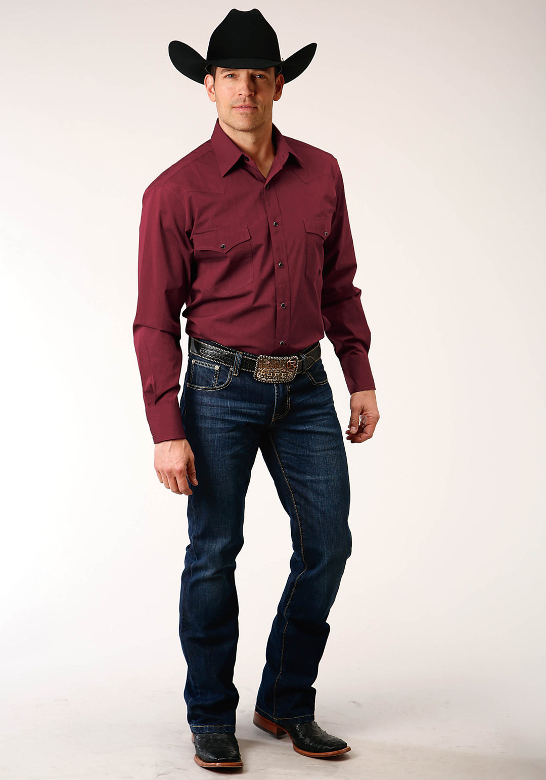 MENS LONG SLEEVE SNAP BLACK FILL SOLID  WINE WESTERN SHIRT