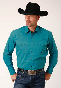 MENS LONG SLEEVE SNAP BLACK FILL SOLID  TEAL WESTERN SHIRT