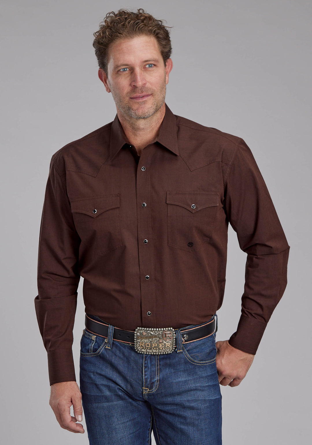 MENS BLACK FILL POPLIN - POLIN BROWN LONG SLEEVE SNAP WESTERN SHIRT