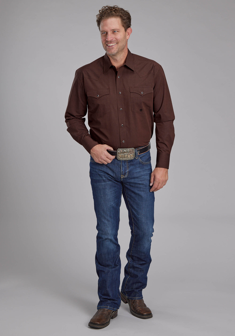 MENS BLACK FILL POPLIN - POLIN BROWN LONG SLEEVE SNAP WESTERN SHIRT