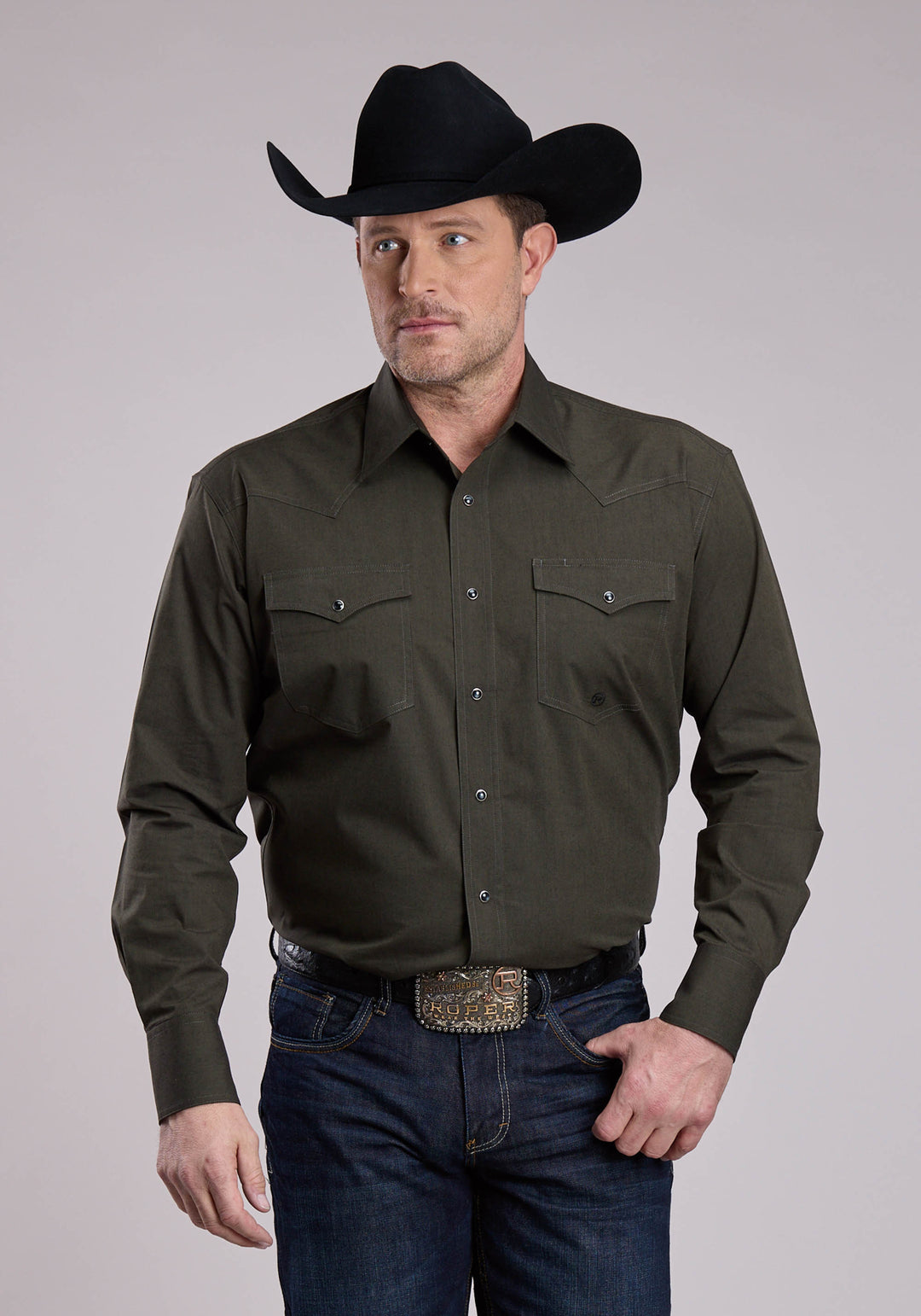 MENS LONG SLEEVE SNAP BLACK FILL - GREEN WESTERN SHIRT