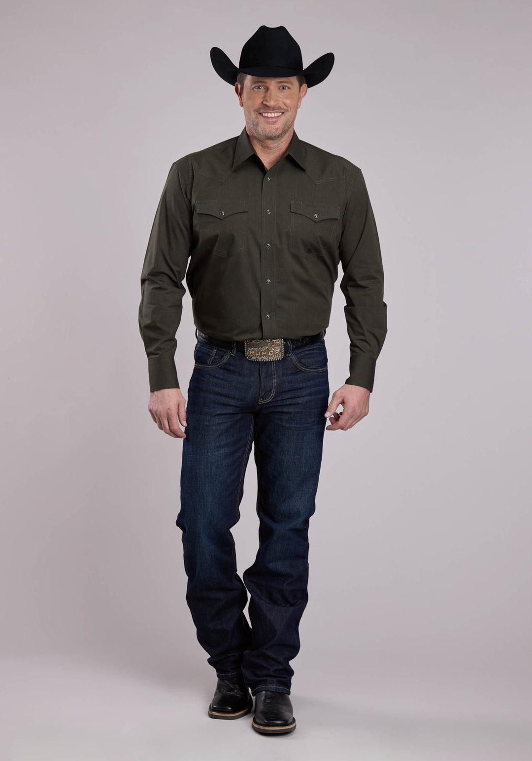 MENS LONG SLEEVE SNAP BLACK FILL - GREEN WESTERN SHIRT